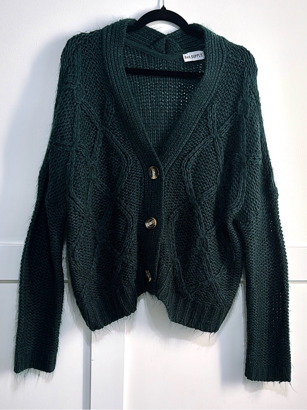 RAG SUPPLY Forest Green Cable-Knit V Neck Button Cardigan M